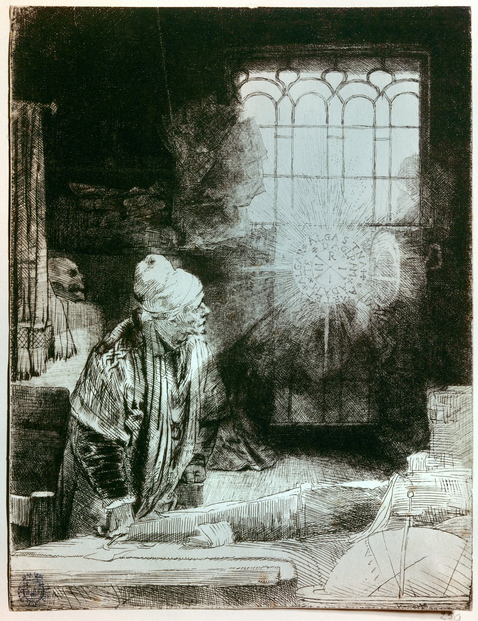 Dr. Faust i sit værksted Kobberstik af Rembrandt Harmensch van Rijn (1606 - 1669). Den lysende skive, der dukker op foran vinduet, kopierer inskriptionen af en metalamulet, der er blevet fundet, hvis undvigende betydning ville have fascineret Rembra af Rembrandt van Rijn