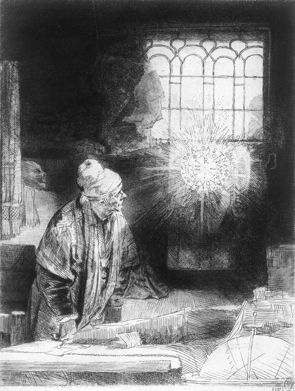 Dr. Faustus i sit studie (gravering) af Rembrandt van Rijn