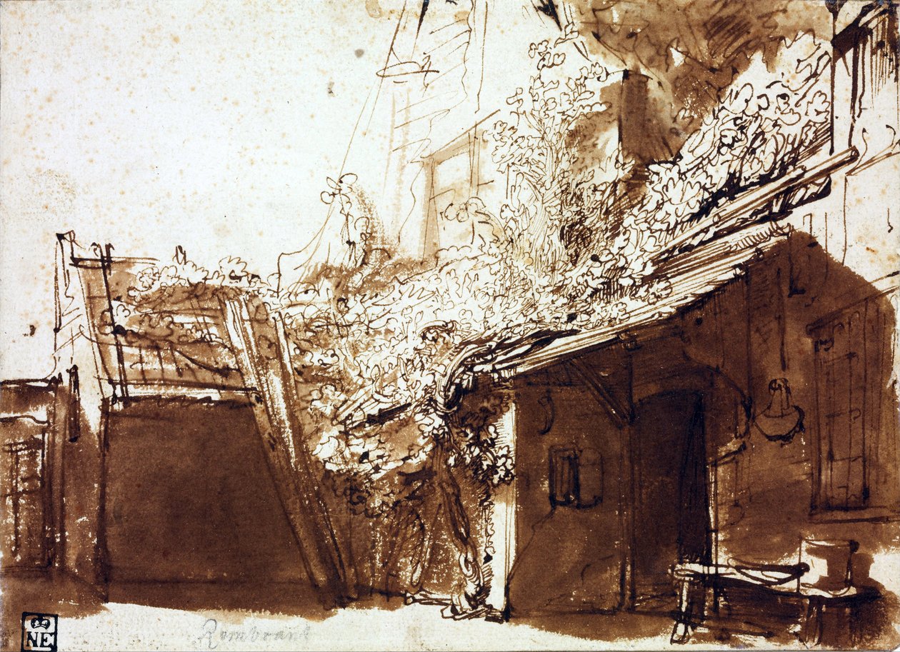 Bondegård i lys og skygge - Rembrandt van Rhijn (1606-1669) - 1635-1636 - Pen, pensel, brun farve på papir - 16,2x22,5 cm - Szepmuveszeti Muzeum, Budapest af Rembrandt Harmensz. van Rijn