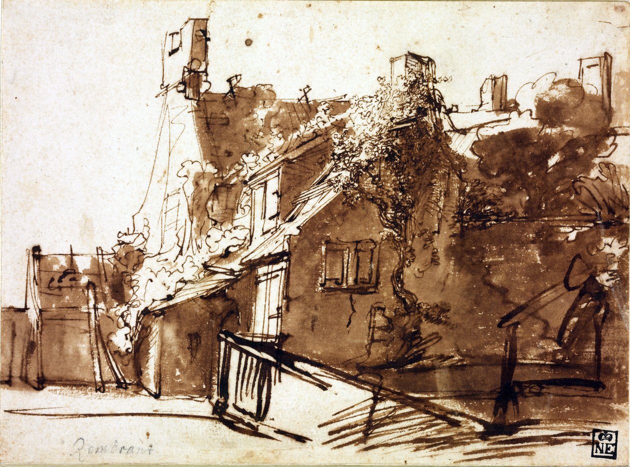 Bondegård i sollys - Rembrandt van Rhijn (1606-1669) - 1635-1636 - Pen, pensel, brun farve på papir - 16,4x22,3 cm - Szepmuveszeti Muzeum, Budapest af Rembrandt Harmensz. van Rijn