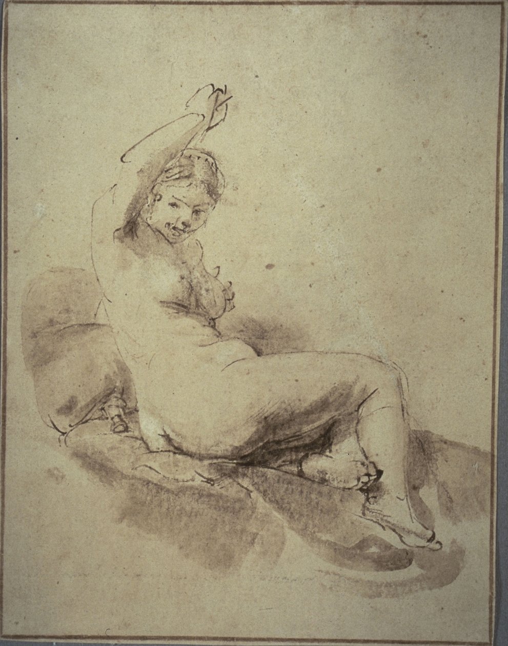 Kvindelig nøgen tilbagelænet med arm hævet, ca. 1665 (pen og brunt blæk og pensel og brun vask, på solbrunt lagt papir) af Rembrandt Harmensz. van Rijn