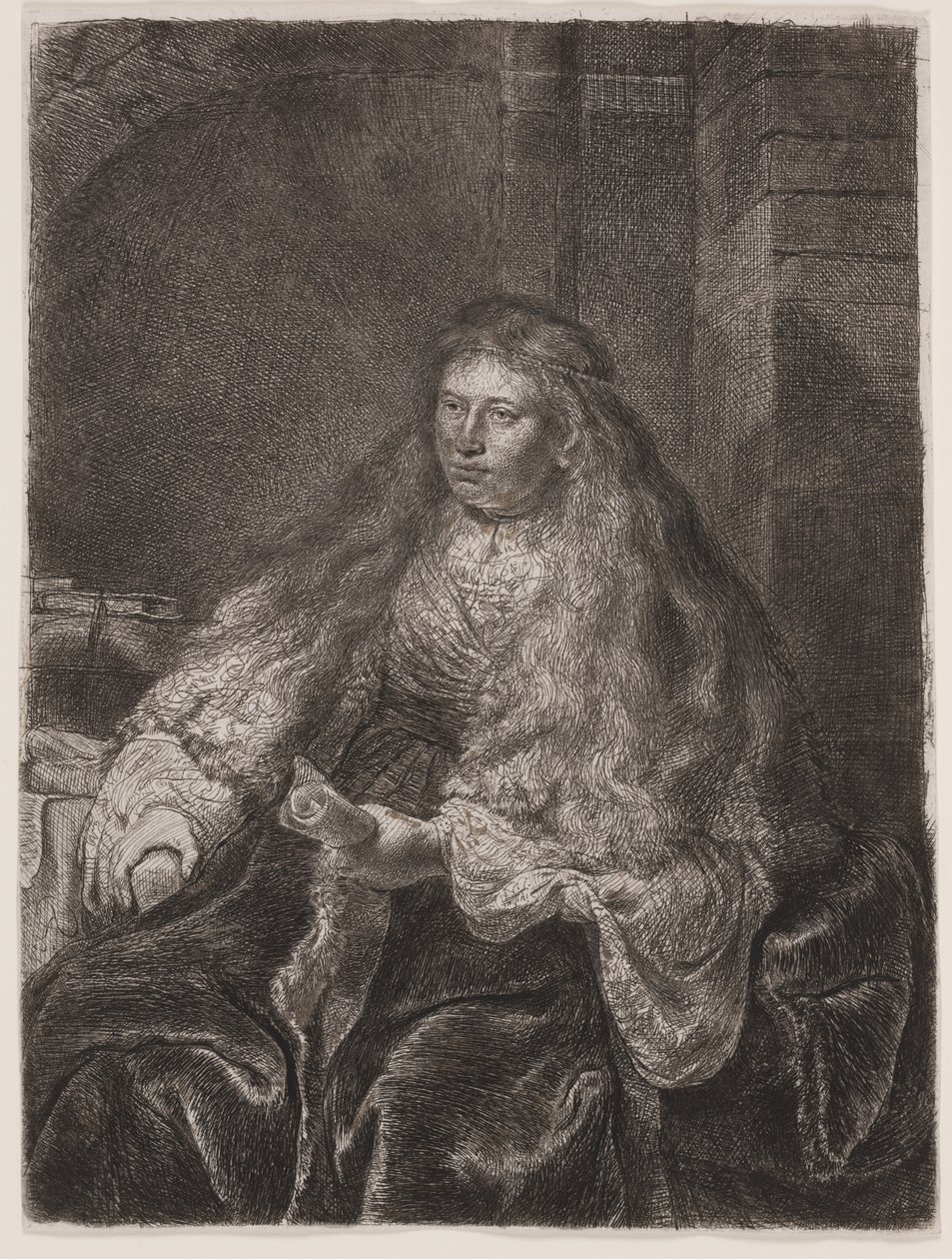 Pige med langt hår, der falder på hendes skuldre, eller "The Great Jewish Bride" af Rembrandt van Rijn