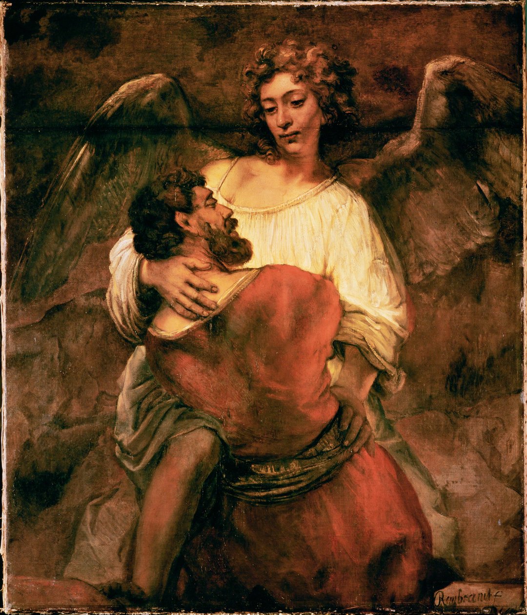 Jakob kæmper mod englen (maleri på lærred) af Rembrandt Harmensz. van Rijn