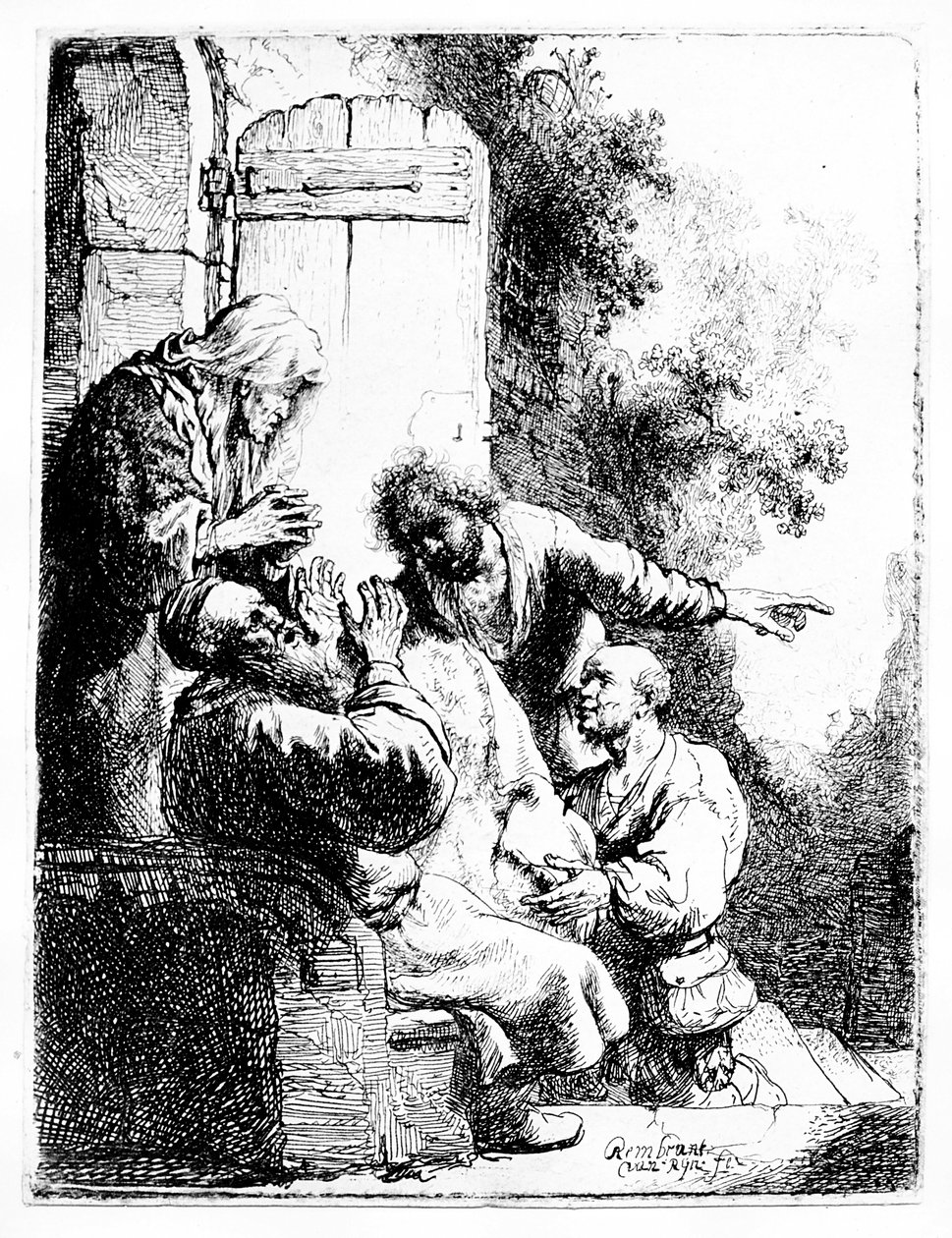Josefs frakke bragt til Jakob, ca. 1633 (radering) af Rembrandt Harmensz. van Rijn