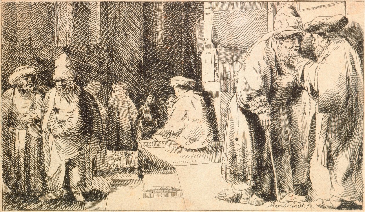 ""Juifs a la synagoge"" (Jøder i synagogen) Gravering af Rembrandt van Rhijn (1606-1669) - 1648 Dim 7,6x13 cm Jewish Museum, New York af Rembrandt van Rijn