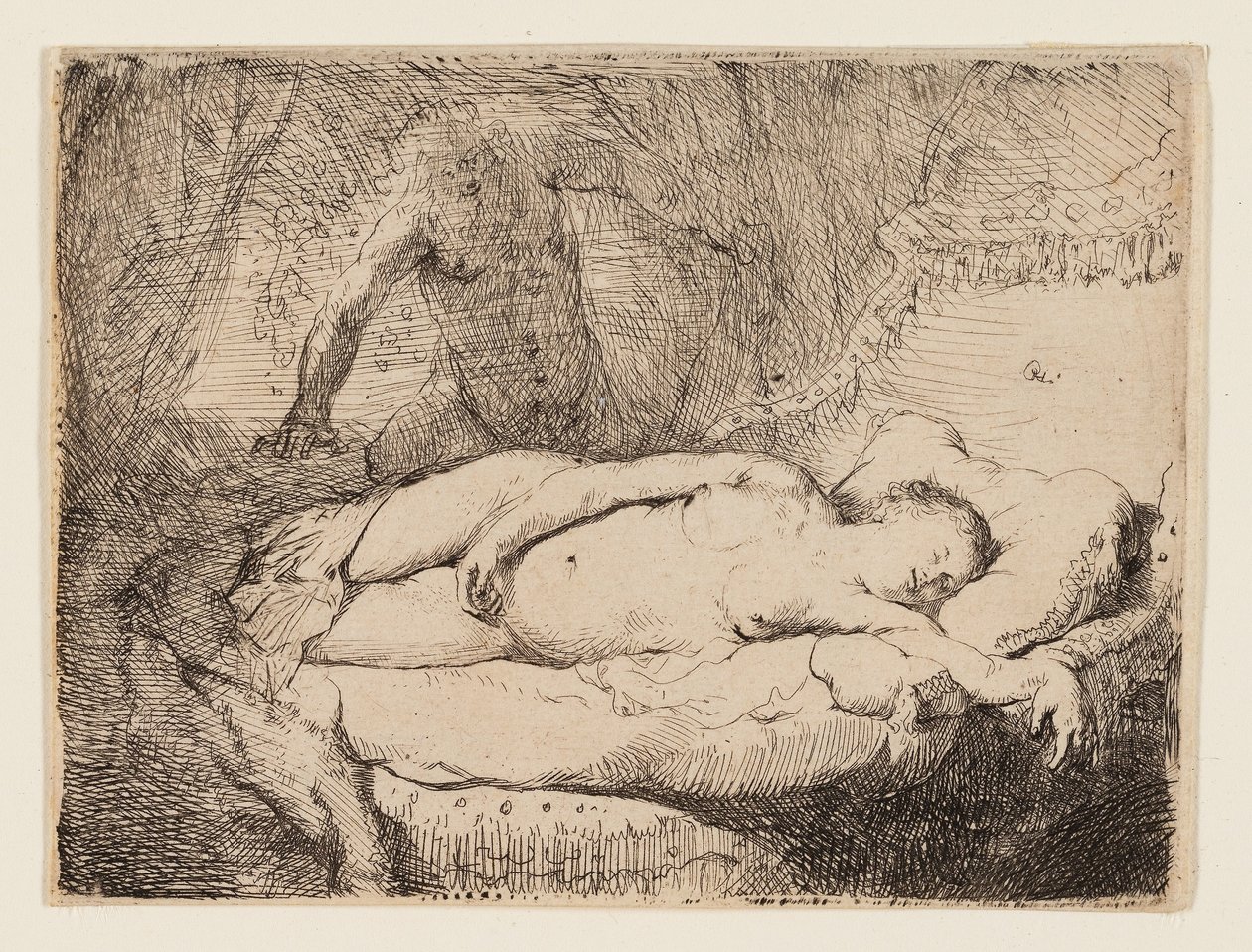 Jupiter og Antiope: Mindre plade, ca. 1631 (ætsning på gulfarvet papir) af Rembrandt Harmensz. van Rijn