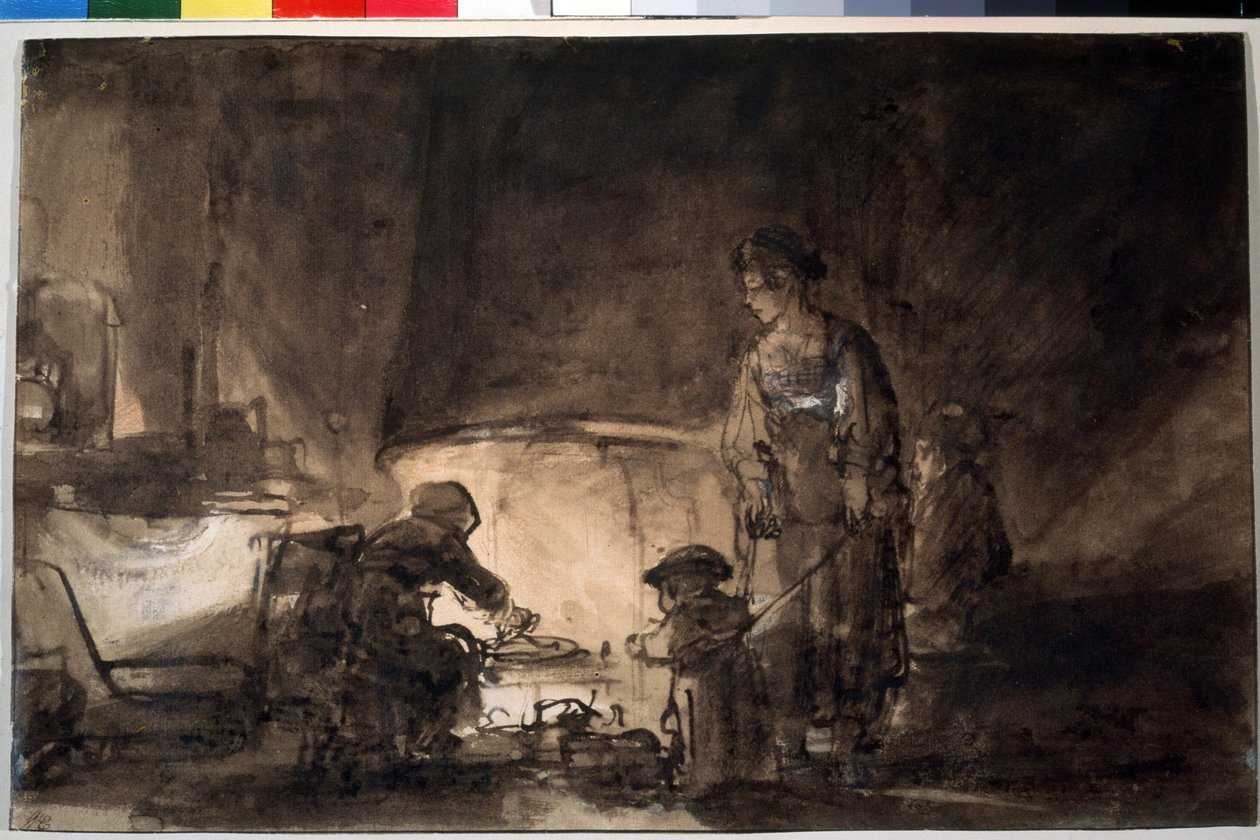 La cuisine dans la maison de Rembrandt (Køkkenet i Rembrandts hus). Dessin de Harmenszoon van Rijn denne Rembrandt (1606-1669) af Rembrandt Harmensz. van Rijn