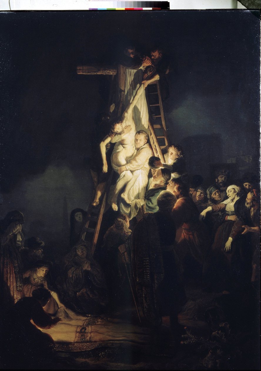 Nedstigningen fra korset (aflejring). Nedstigningen fra korset. Blandt karaktererne omkring Jesu Kristi legeme: Jomfru Maria, Sankt Nikodemus og Sankt Josef af Arimathea. Maleri af Harmenszoon van Rijn kendt som Rembrandt (1606-1669) af Rembrandt Harmensz. van Rijn