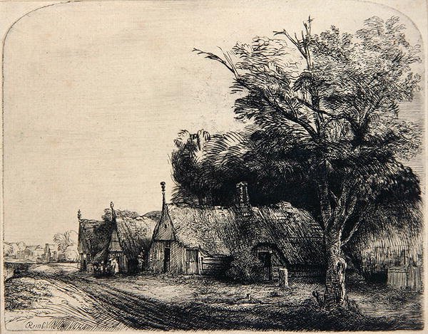 Landskab med tre hytter (ætsning) af Rembrandt Harmensz. van Rijn