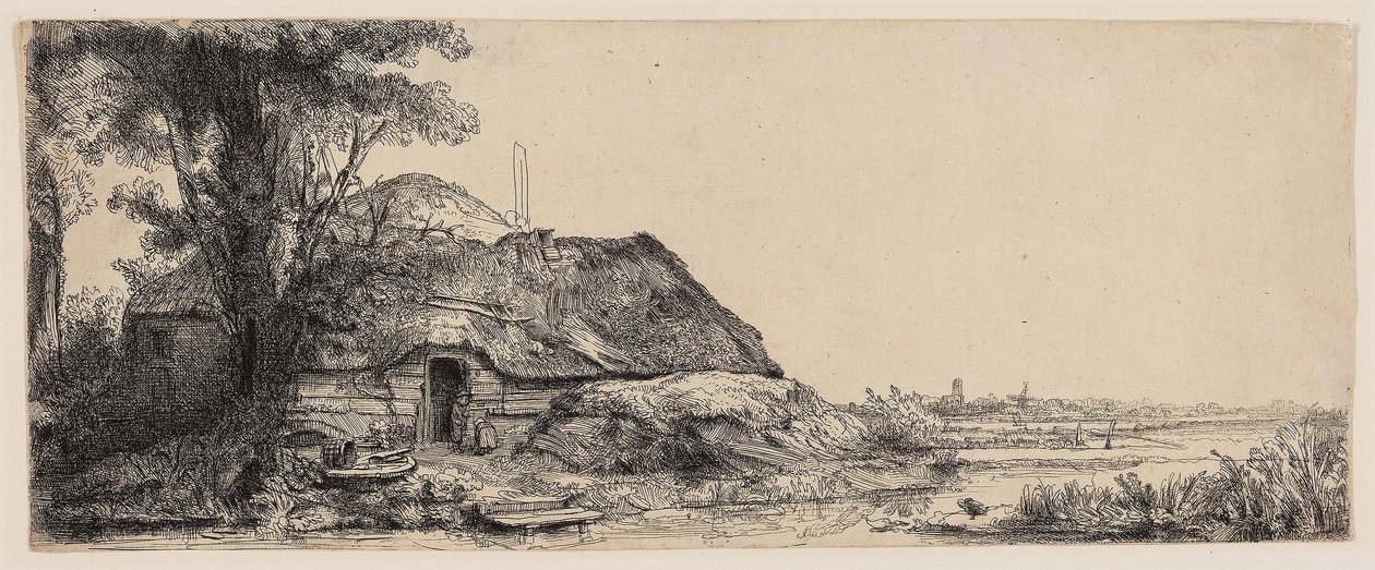 Landskab med et sommerhus og et stort træ af Rembrandt Harmensz. van Rijn