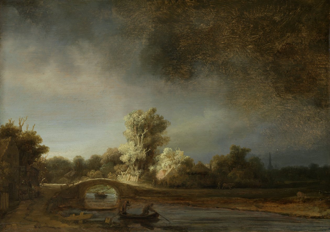 Landskab med en stenbro, ca. 1638 (olie på panel) af Rembrandt van Rijn