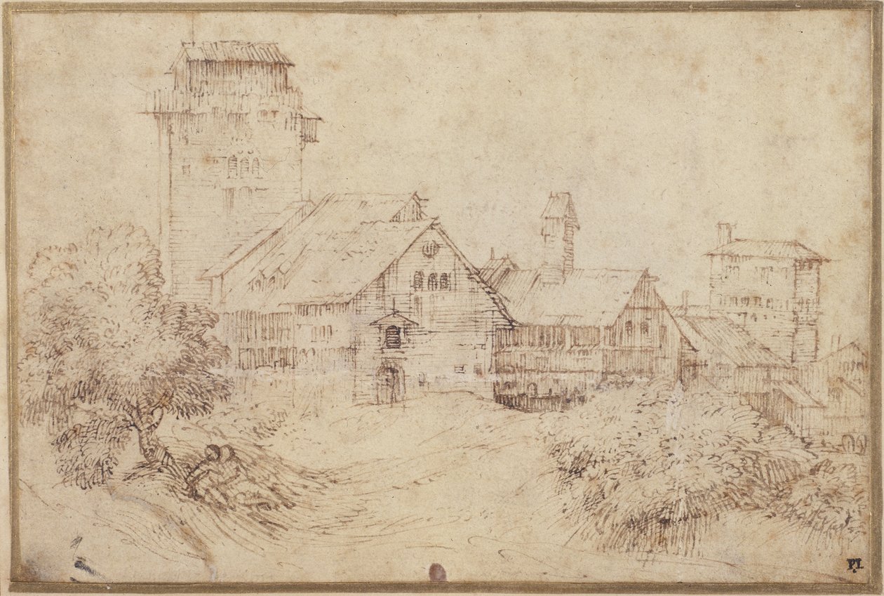 Landskab med bygninger og elskende, der omfavner hinanden, efter Titian (pen og brun blæk med rødkridt på papir) af Rembrandt Harmensz. van Rijn
