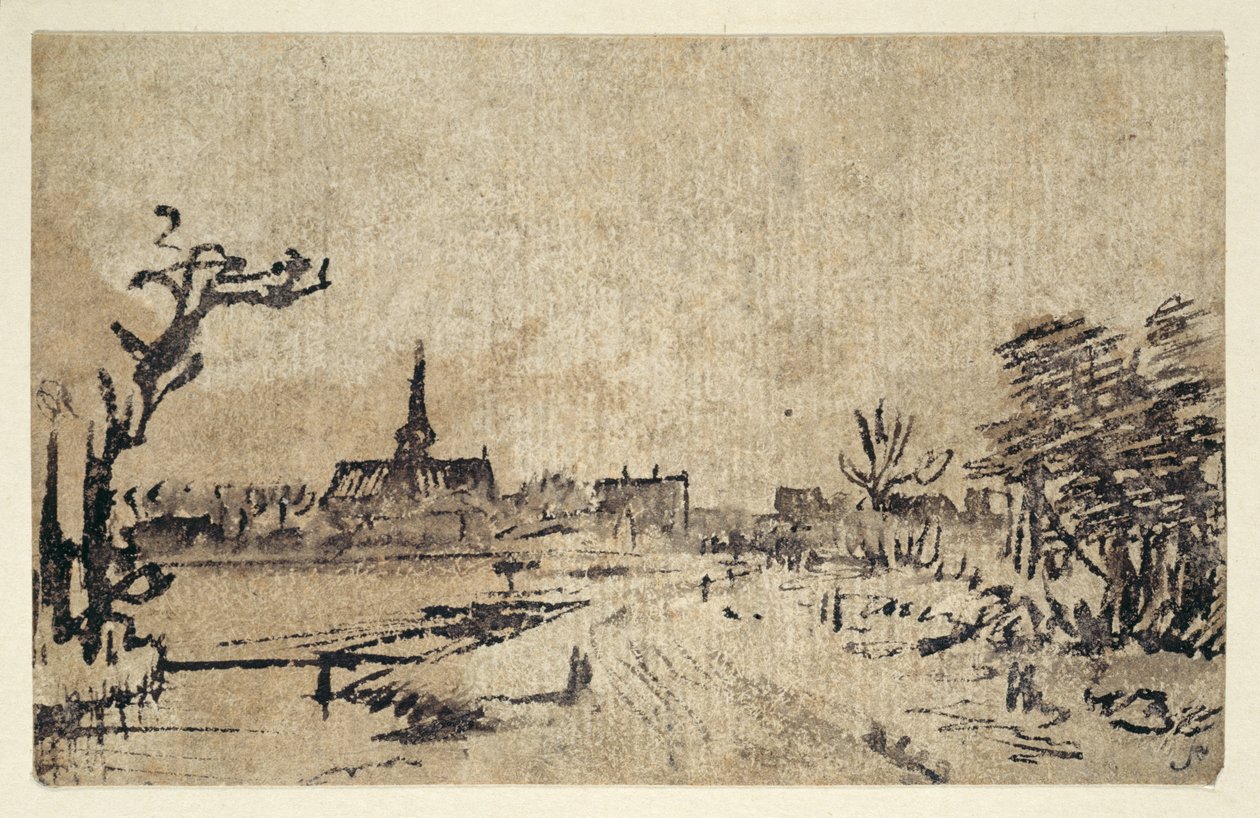 Landskab med vand, landsbyen Amstelveen i baggrunden, ca. 1654-55 (pen & blæk med brun vask) af Rembrandt Harmensz. van Rijn