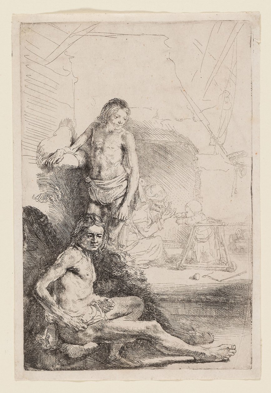 Mand nøgen siddende og stående, ca. 1646 (ætsning på elfenbensfarvet papir) af Rembrandt Harmensz. van Rijn