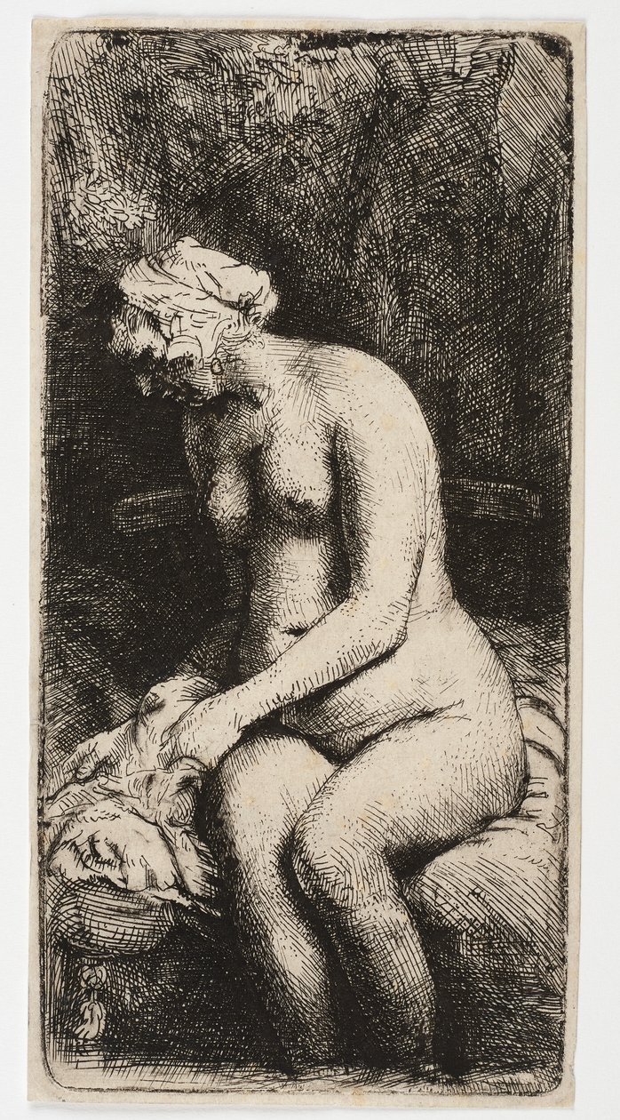 Nøgen kvinde sidder med fødderne i vandet af Rembrandt Harmensz. van Rijn