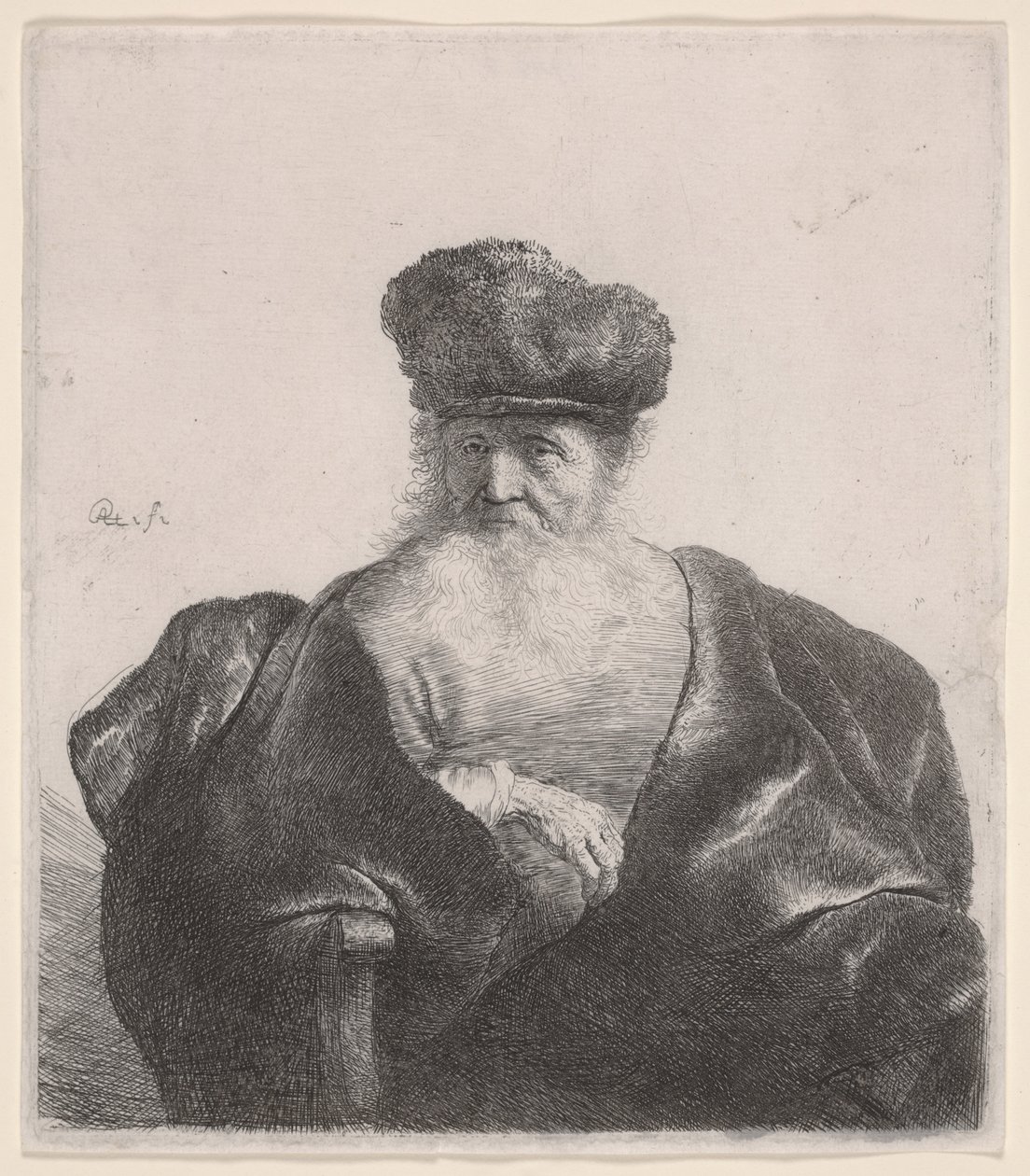 Gammel mand med flydende skæg, pelshue og fløjlskappe, ca. 1632 (ætsning) af Rembrandt van Rijn