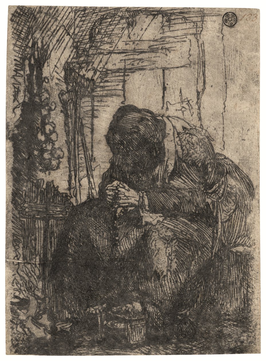 Gammel kvinde siddende i en hytte med en række løg på væggen, ca. 1629 (radering) af Rembrandt Harmensz. van Rijn