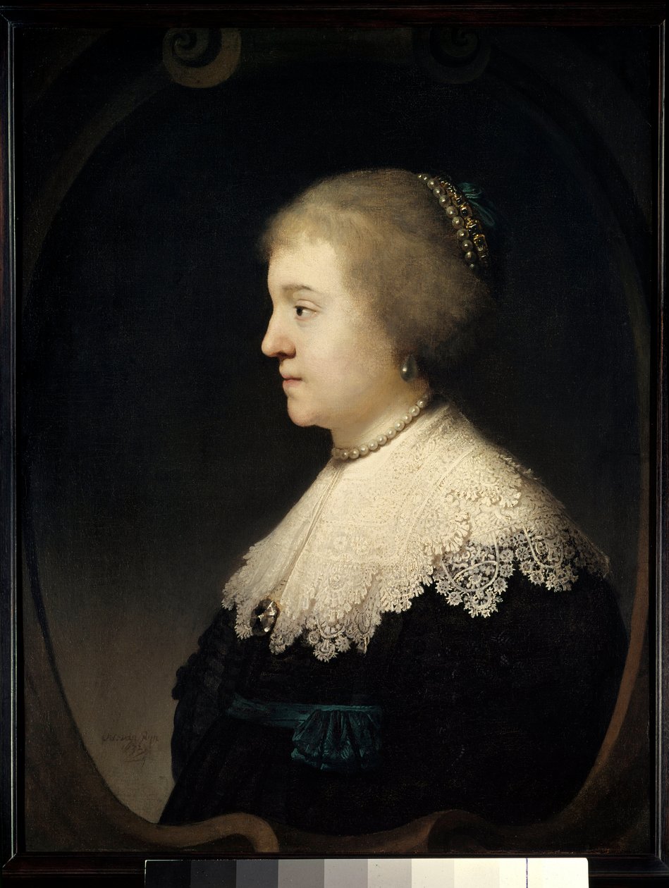 Portræt af kvinde (Saskia?) Maleri af Harmensz van Rijn dit Rembrandt (1606-1669) 1632 Paris, Musee Jacquemart Andre. af Rembrandt van Rijn