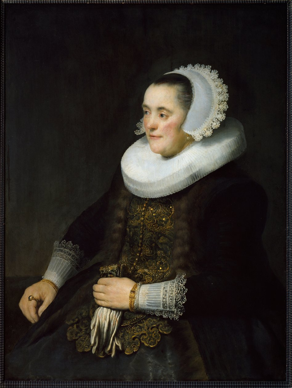 Portræt af en hollandsk borgerlig kvinde iført ryg og hovedbeklædning. (Maleri af Rembrandt van Rijn