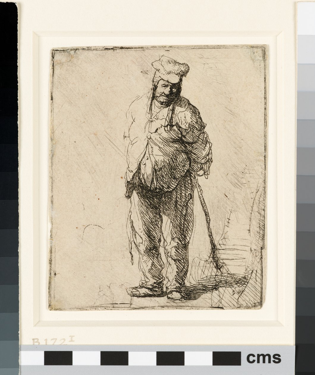 Raget bonde med hænderne bag sig, med en pind, ca. 1630 (ætsning) af Rembrandt van Rijn