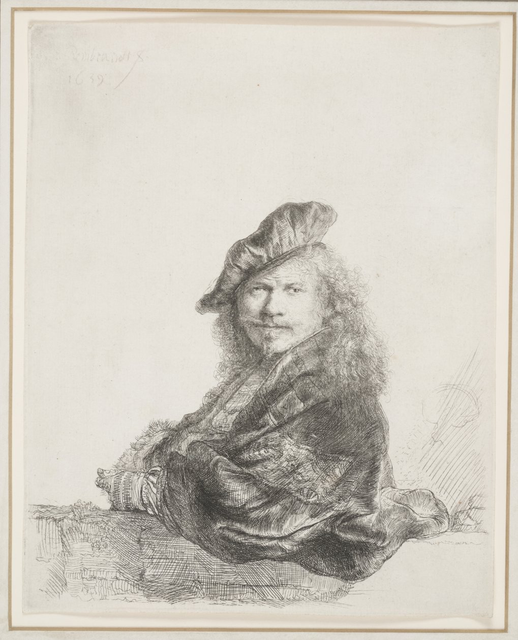 Rembrandt læner sig op ad en stenkarm: Halv længde af Rembrandt van Rijn