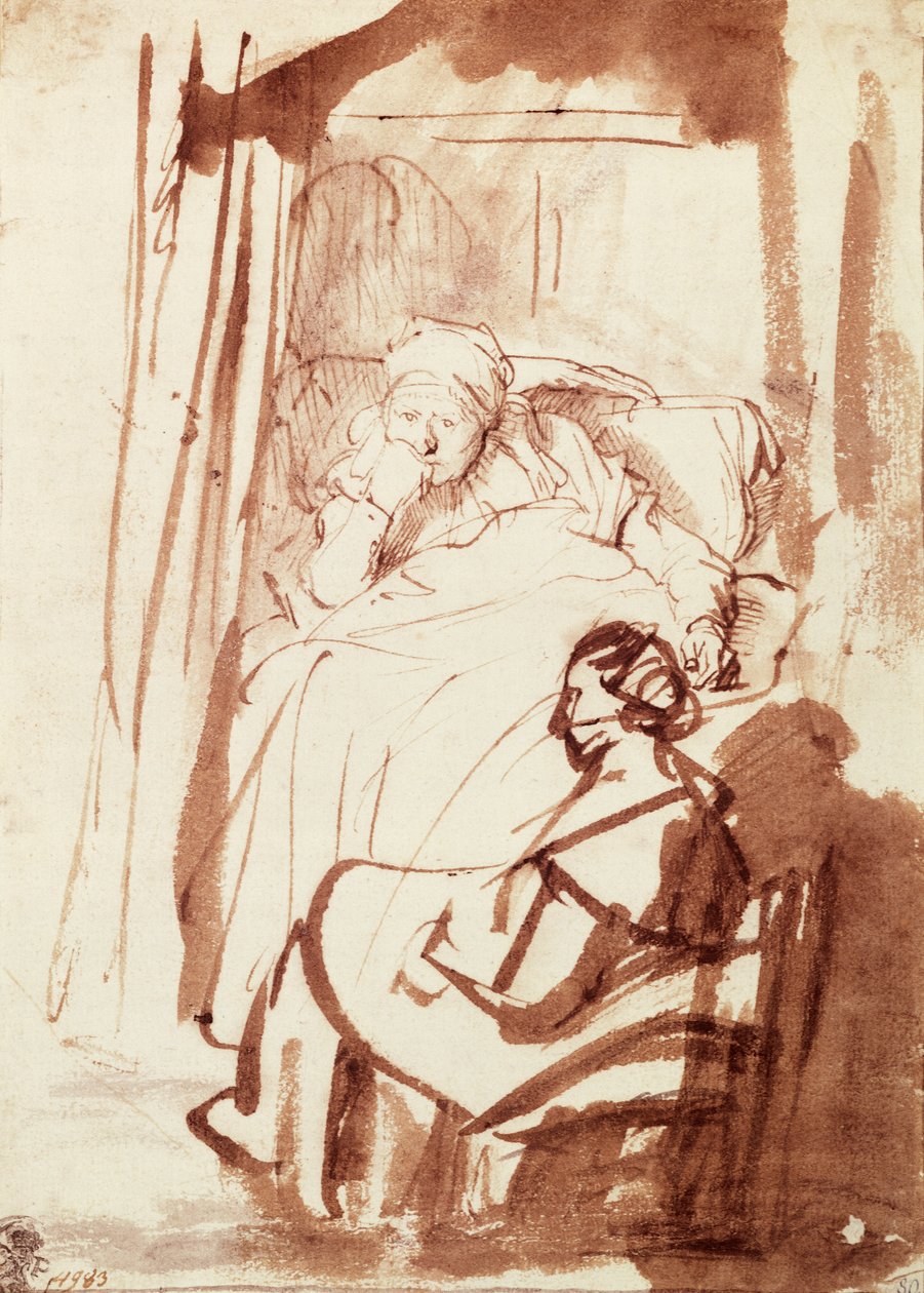 Saskia ligger i sin seng, en kvinde sidder ved hendes fødder af Rembrandt Harmensz. van Rijn