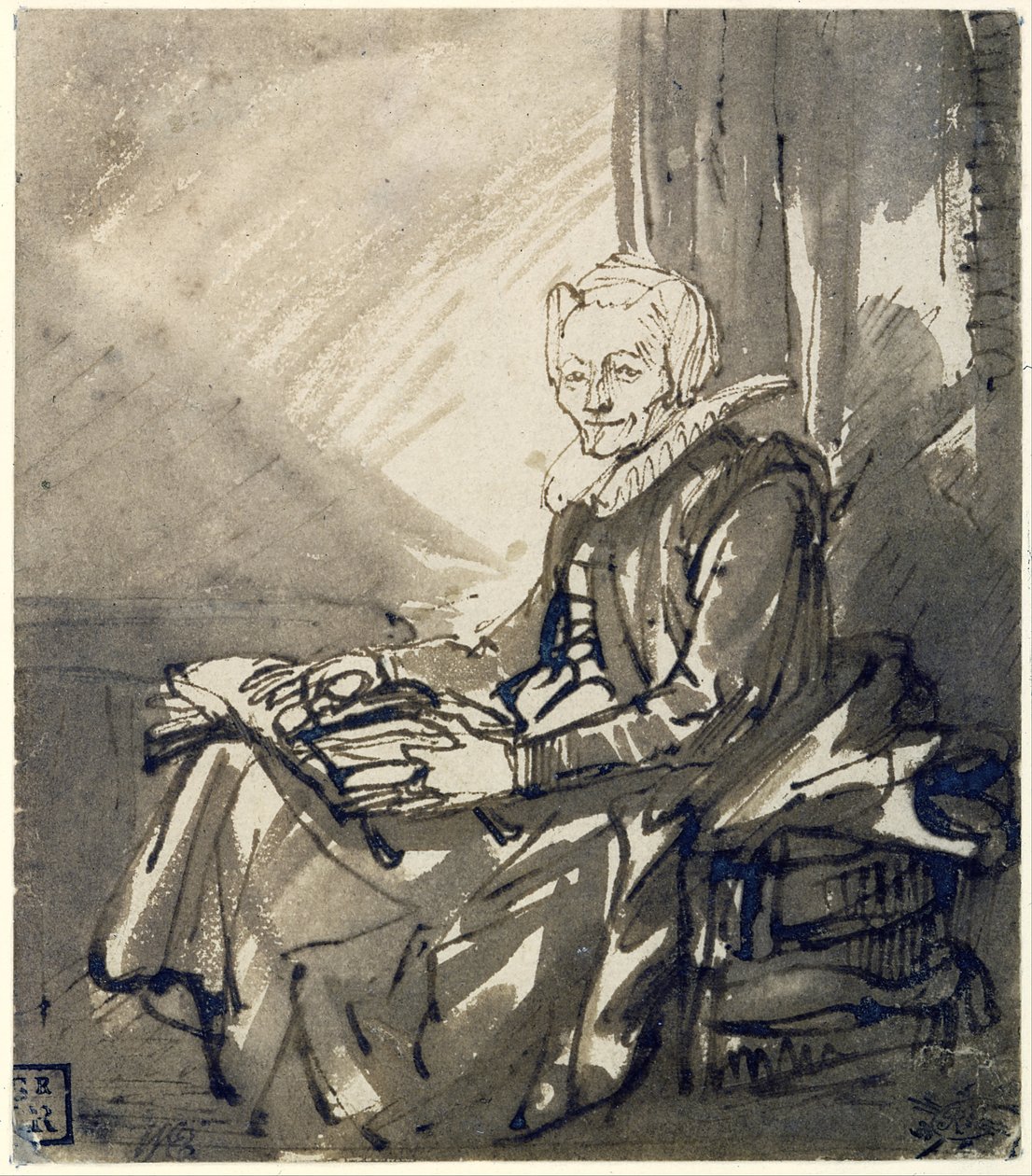 Siddende kvinde med en åben bog på skødet, ca. 1639 (pen, brunt blæk og brun lavering) af Rembrandt Harmensz. van Rijn