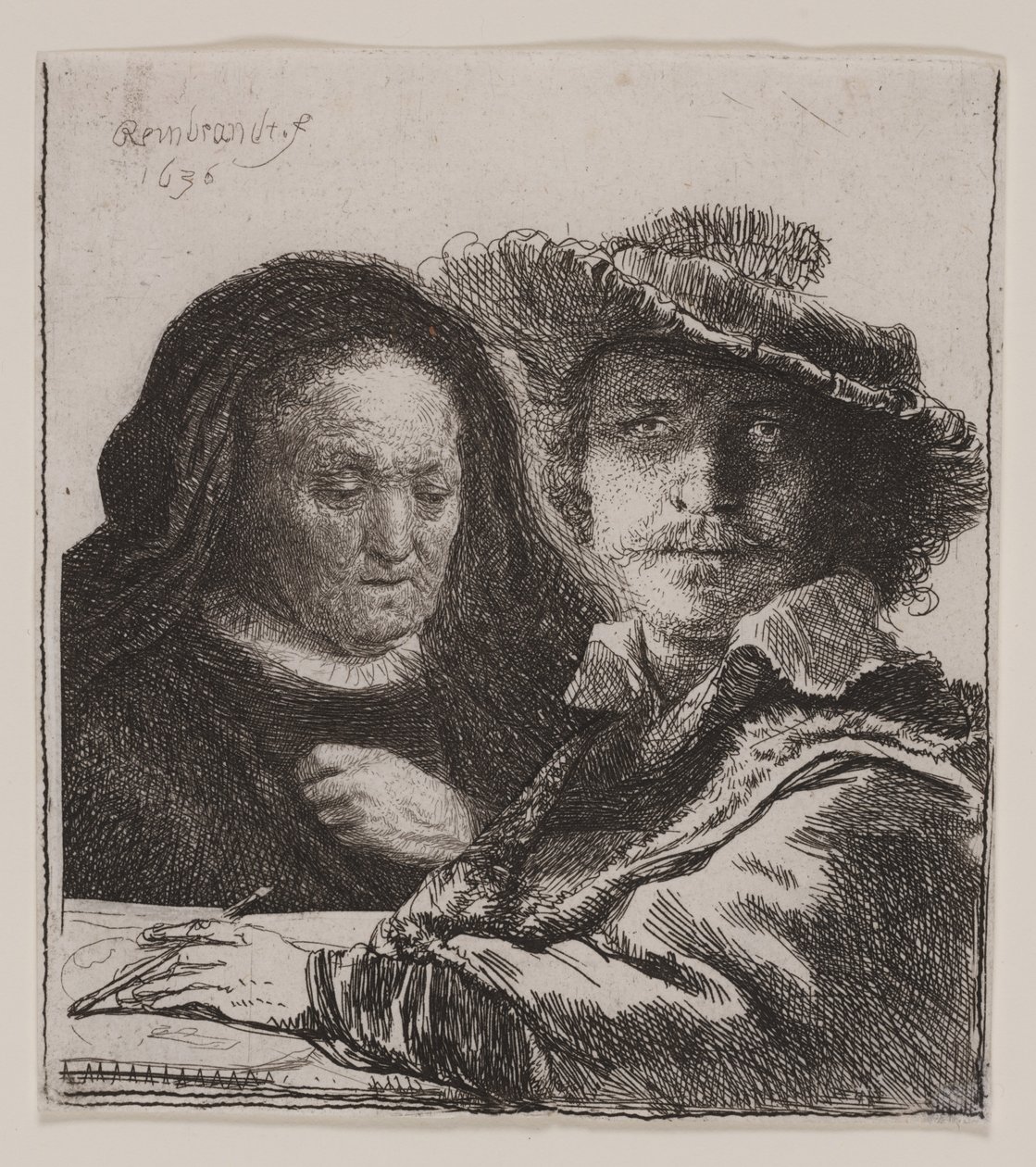 Selvportræt med kunstnerens mor af Rembrandt van Rijn