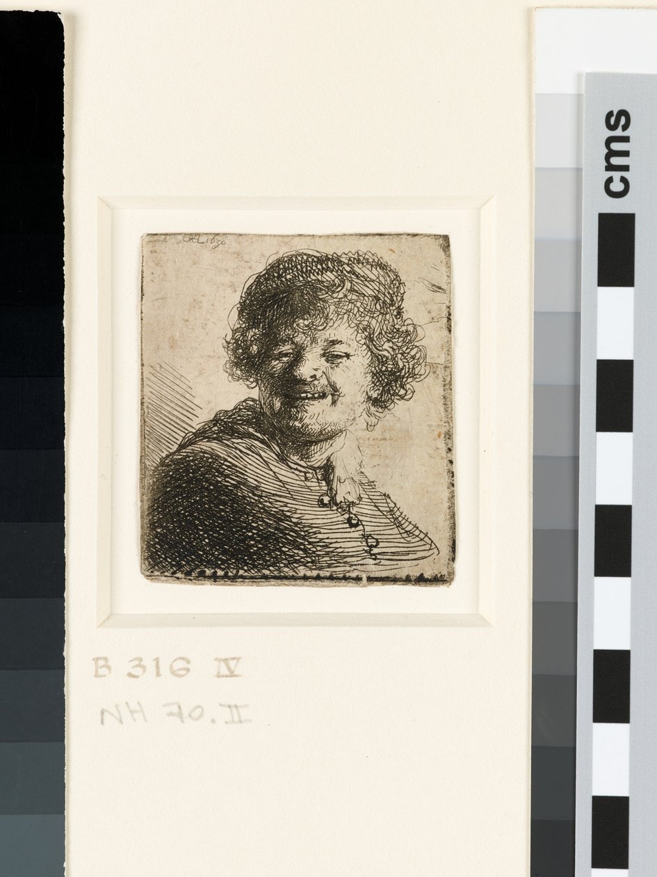Selvportræt i kasket: griner af Rembrandt van Rijn