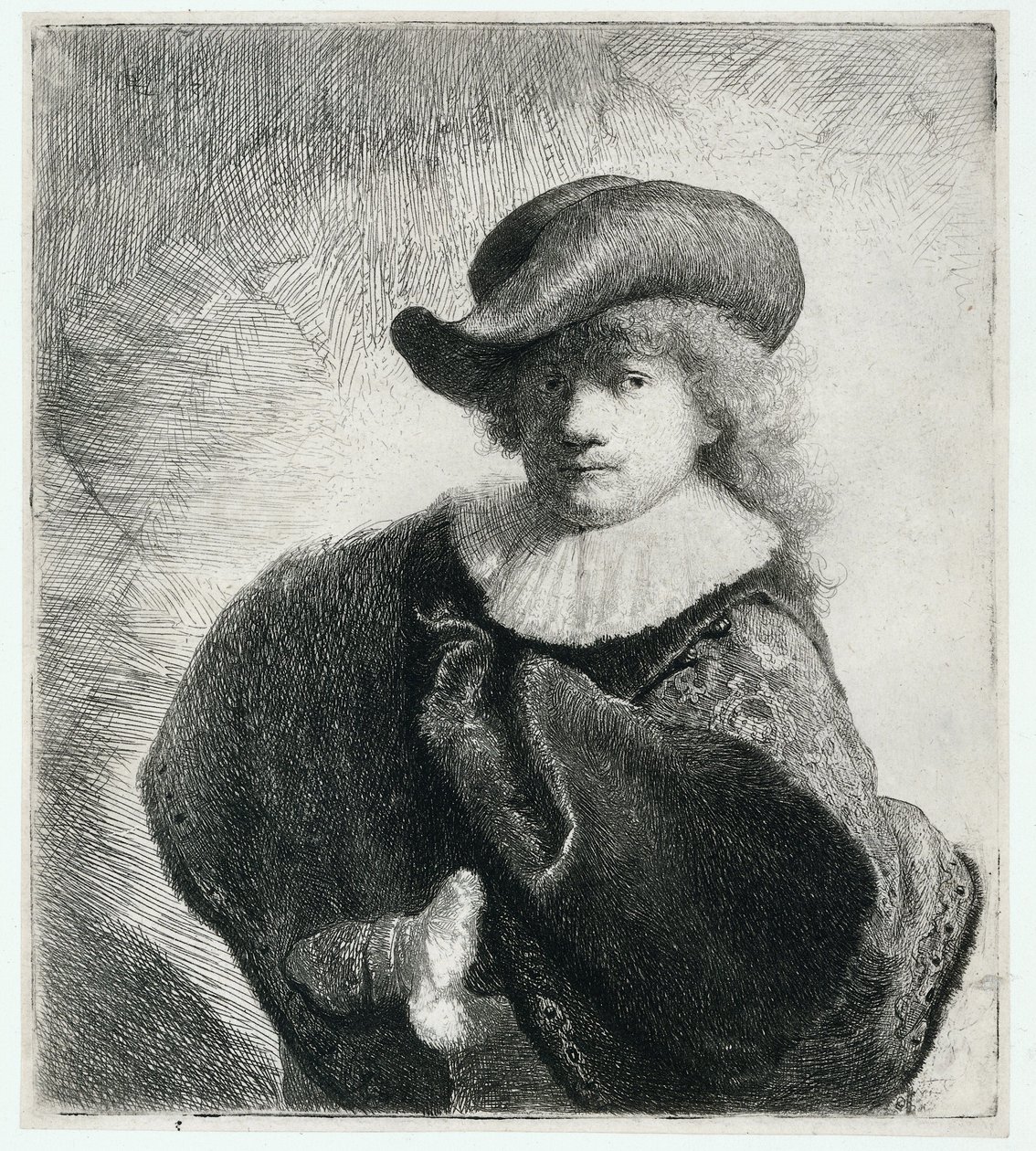 Selvportræt i en blød hat og mønstret kappe af Rembrandt Harmensz. van Rijn