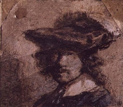 Selvportræt med plymerhat og hvid krave af Rembrandt Harmensz. van Rijn