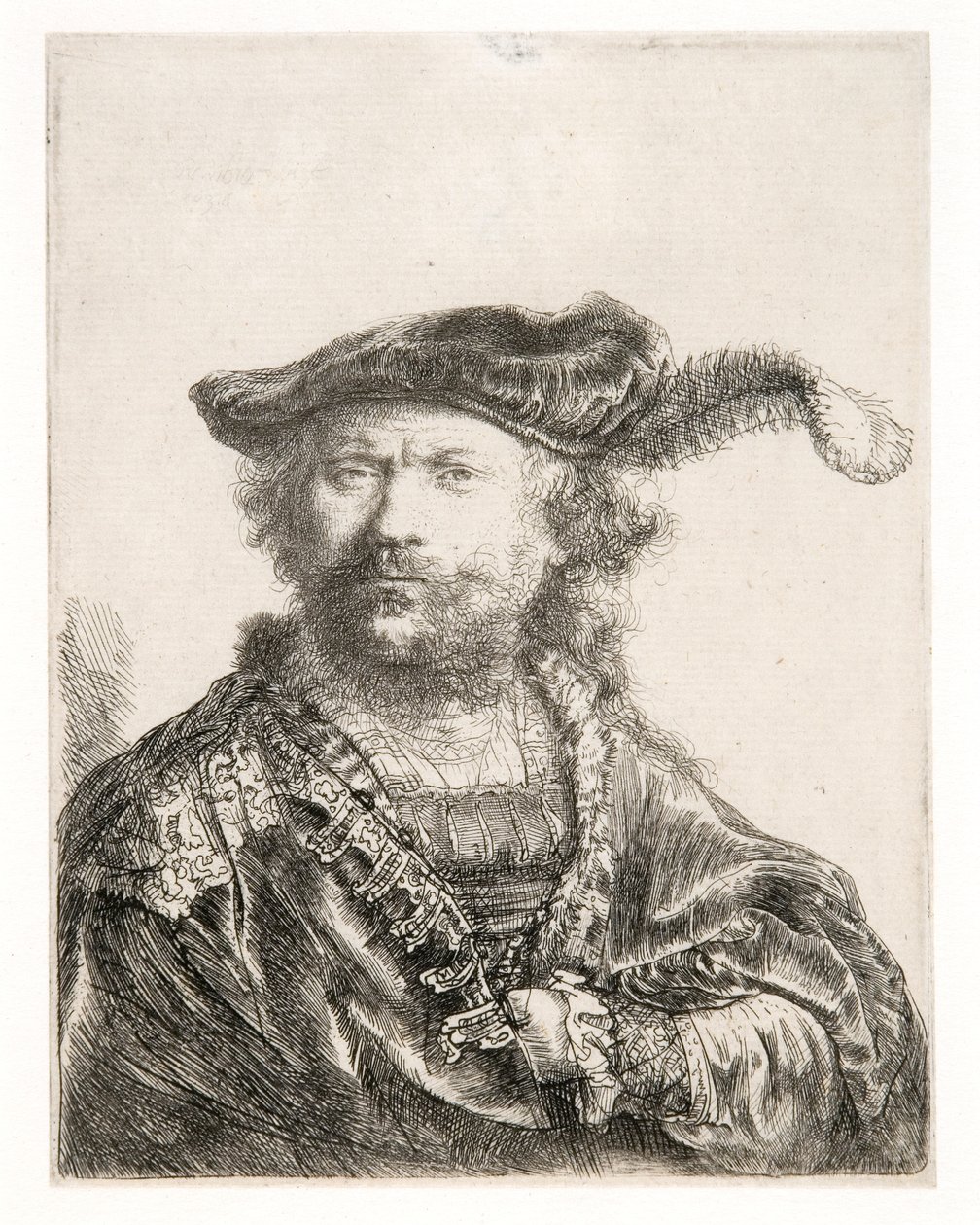 Selvportræt med fløjlshue og fjerpragt af Rembrandt Harmensz. van Rijn