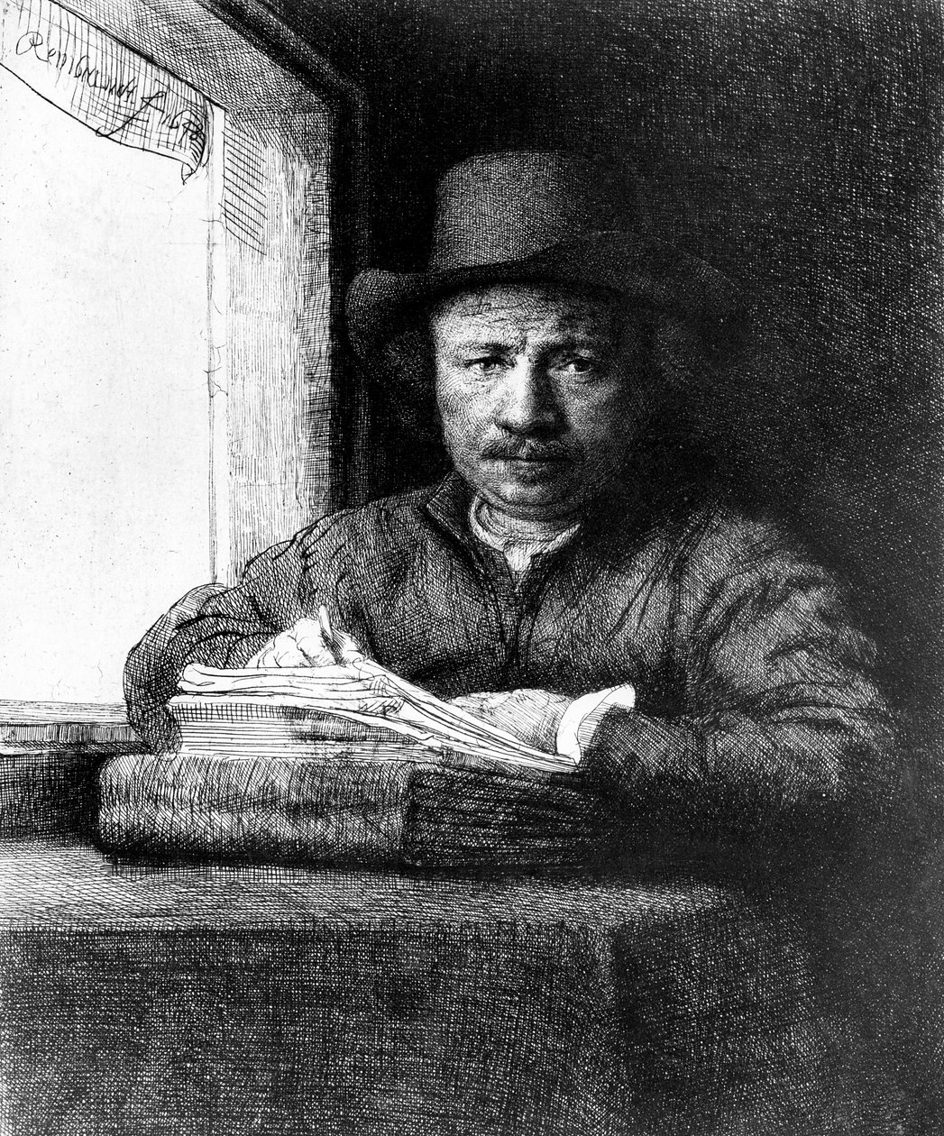 Selvportræt under tegning af Rembrandt van Rijn