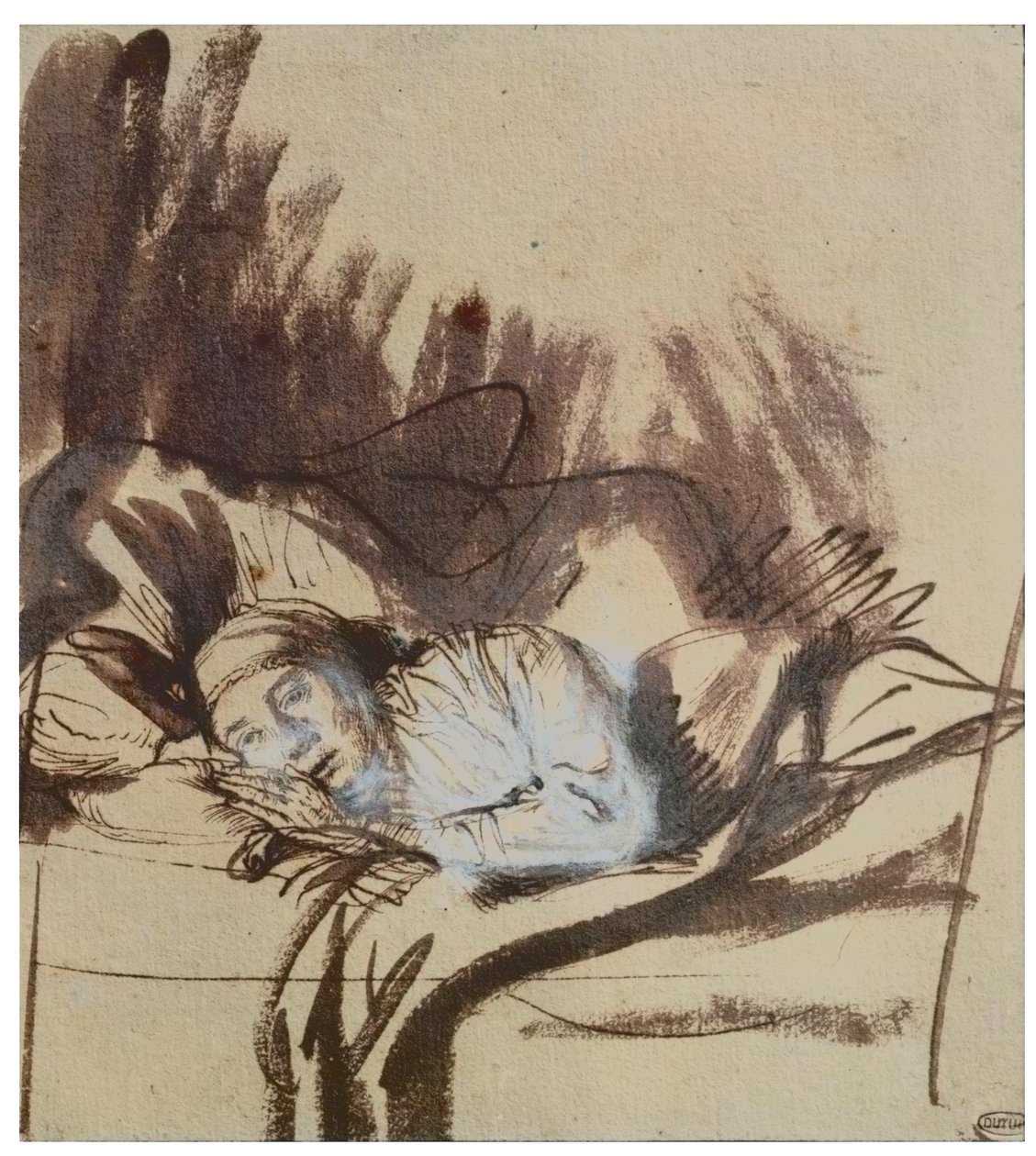 Syg kvinde i en seng, måske Saskia, malerens kone af Rembrandt Harmensz. van Rijn