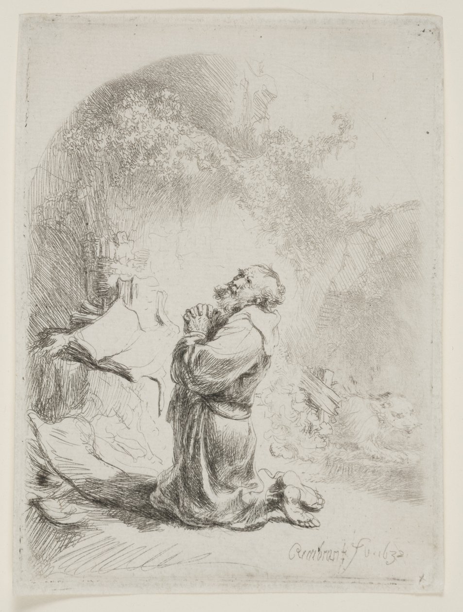 St. Hieronymus beder: buet tryk af Rembrandt van Rijn