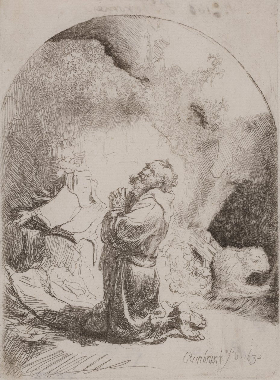 St. Hieronymus beder: buet tryk af Rembrandt van Rijn