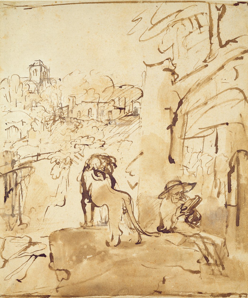 Sankt Hieronymus læser i et landskab (pen og vask på papir) af Rembrandt van Rijn