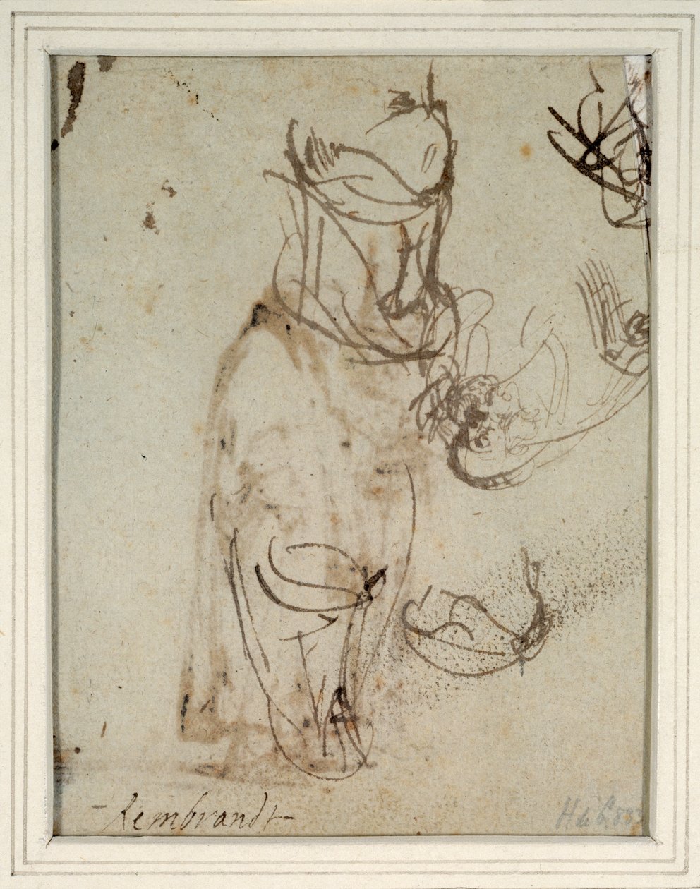 Studier af en høj hovedbeklædning; og et hoved vendt fra recto (pen og blæk på papir) (verso af 2636119) af Rembrandt Harmensz. van Rijn