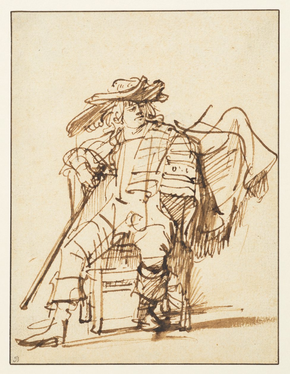 Studie af en siddende skuespiller i en plymerhat - Capitano fra Commedia dell"Arte, recto, 1636-c.1638 af Rembrandt van Rijn