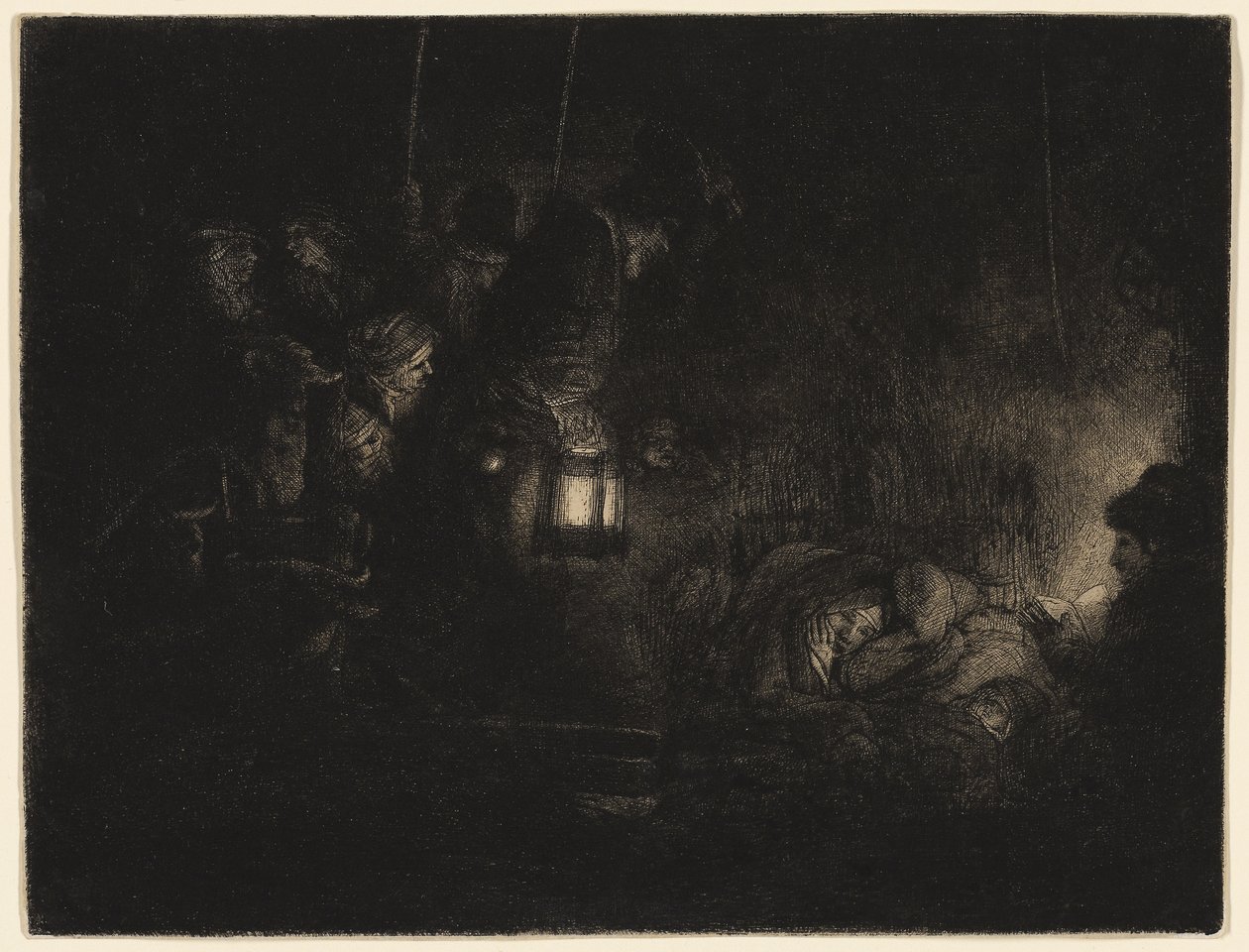 The Adoration of the Shepherds: A Night Piece, ca. 1657 (ætsning, drypoint og burin i sort på elfenbenspålagt papir) af Rembrandt Harmensz. van Rijn