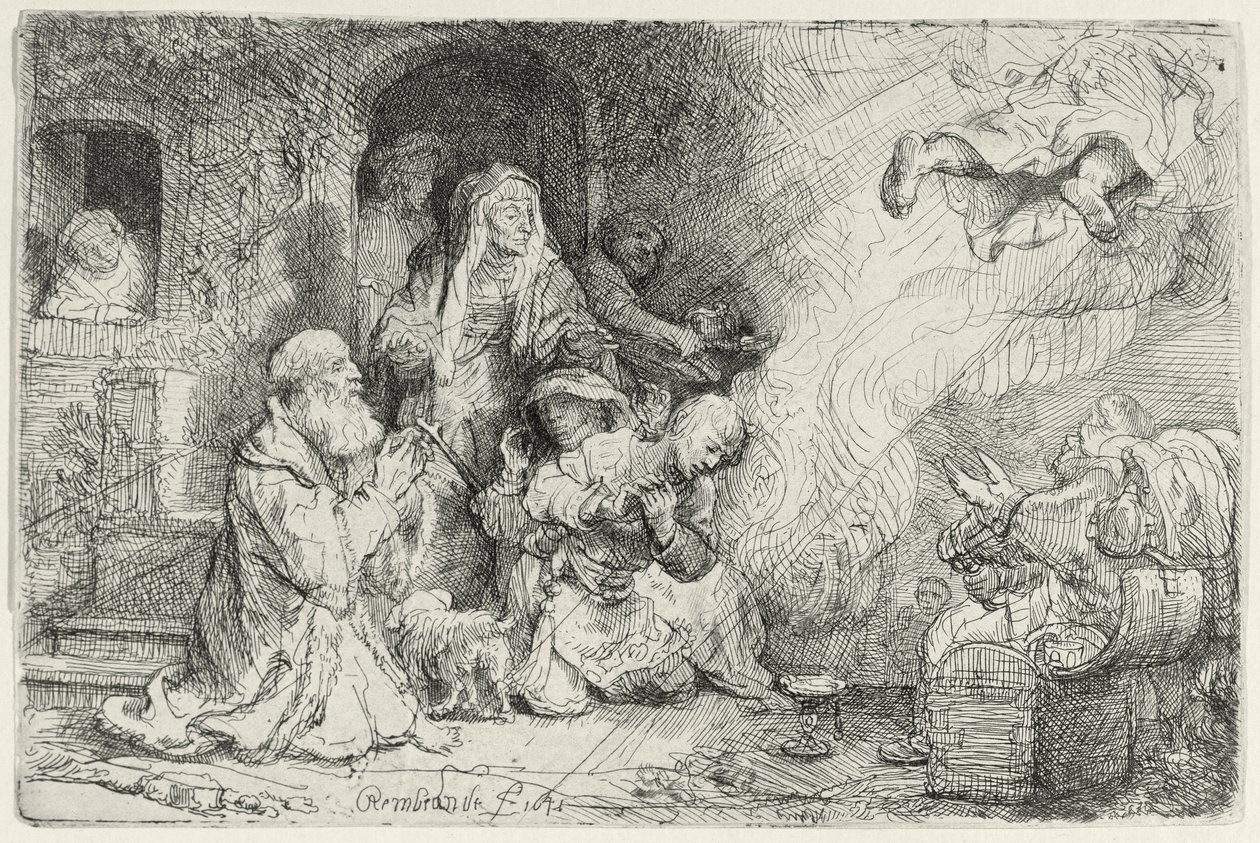 Englen afgår fra familien til Tobias (pen og blæk på papir) af Rembrandt van Rijn