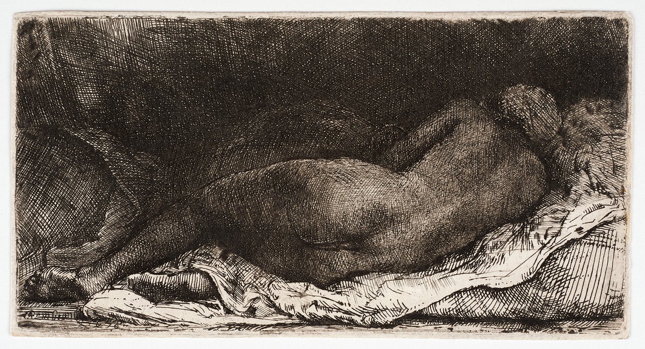 Den nøgne kvinde sover med balderne i vinden, af Rembrandt Harmensz. van Rijn
