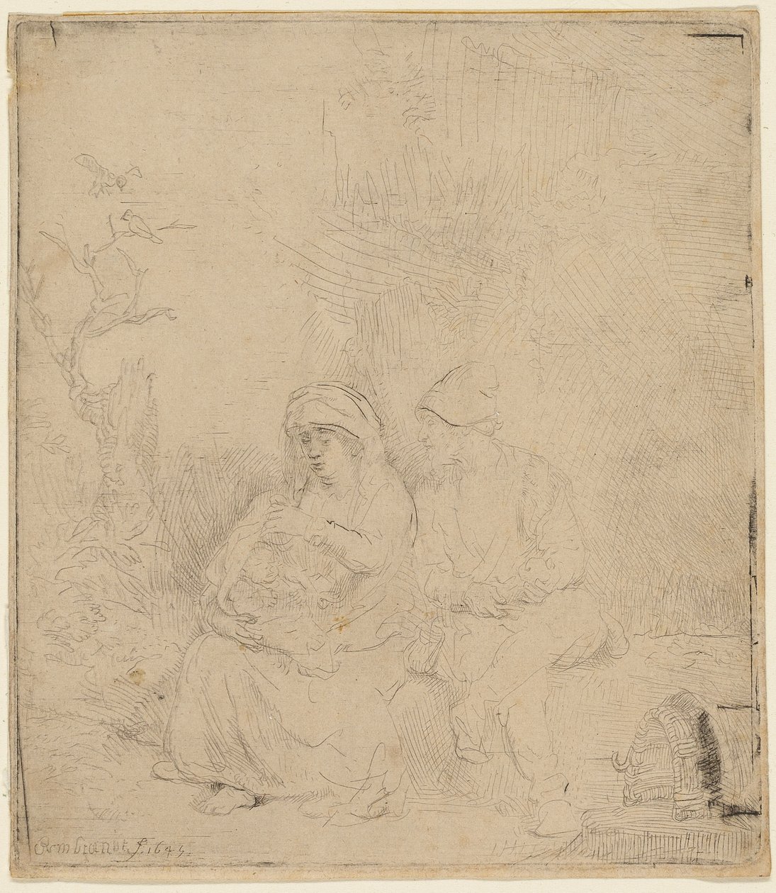 Resten på flugten til Egypten: let ætset af Rembrandt Harmensz. van Rijn