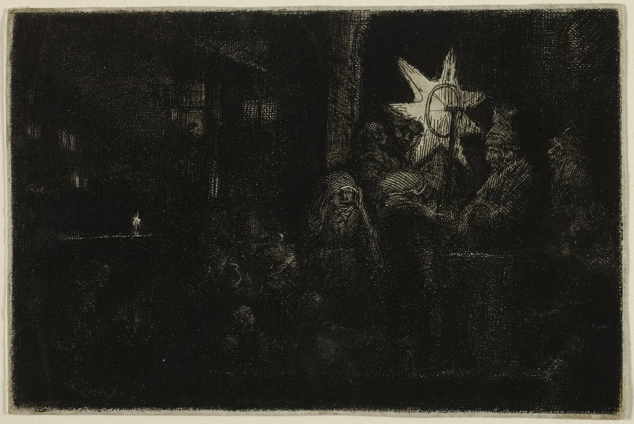 The Star of the Kings: A Night Piece, ca. 1651 (ætsning, drypoint og gravering på elfenbensfarvet papir) af Rembrandt Harmensz. van Rijn
