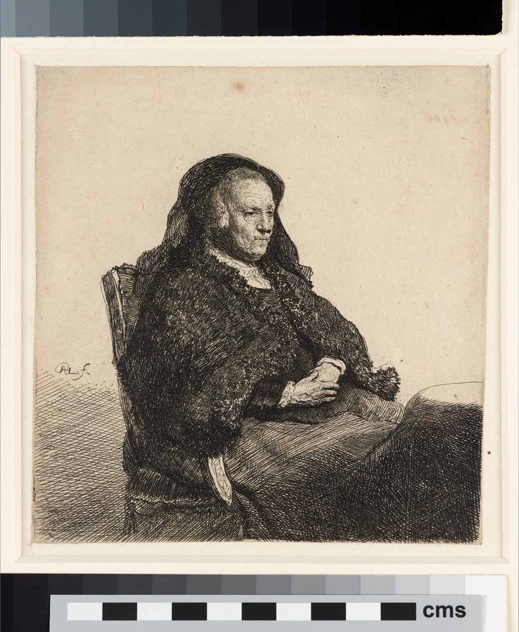 Kunstnerens mor siddende ved et bord, ca. 1631 (radering) af Rembrandt van Rijn