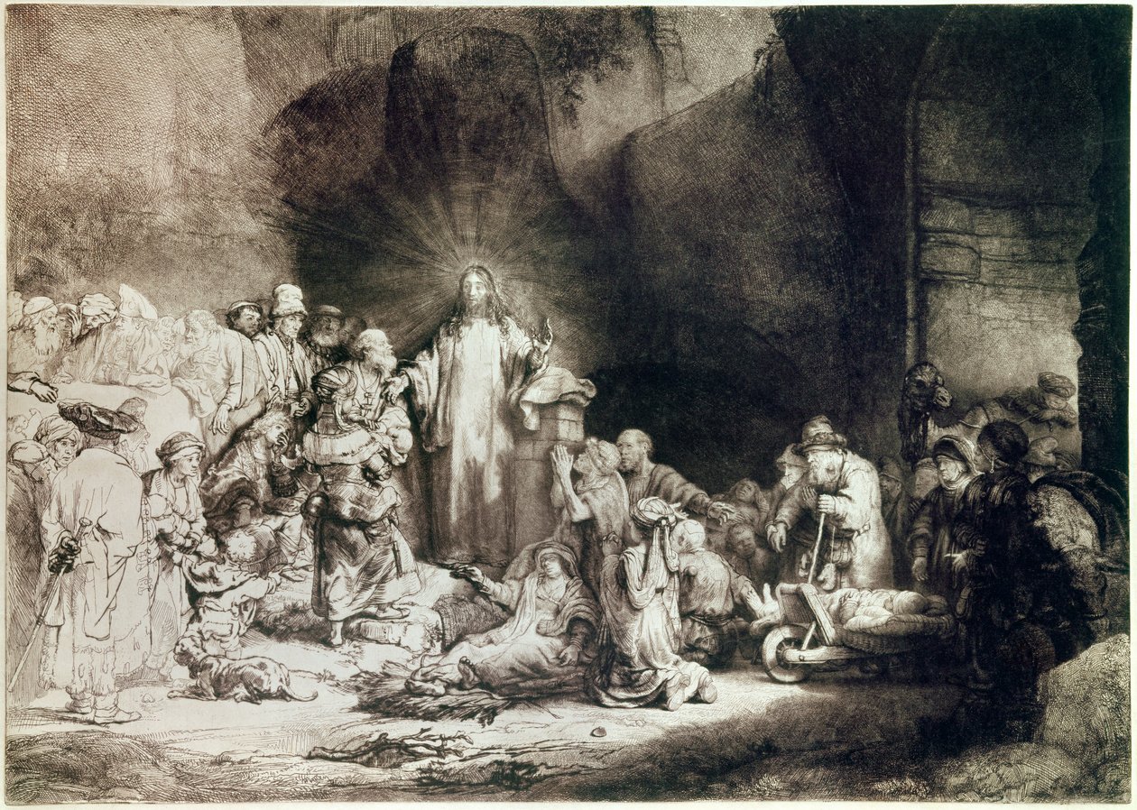 Stykket med hundrede gylden eller Jesus kriger den syge Gravering med mejsel af Harmenszoon van Rijn dit Rembrandt (1606-1669) 1649 ca. Sol. 0,28x0,39 m Paris, musee du Louvre af Rembrandt van Rijn