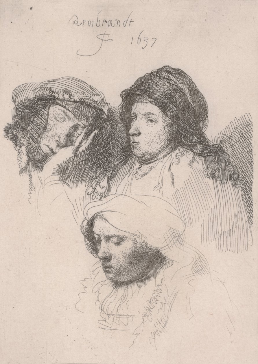 Tre hoveder af kvinder, en sover af Rembrandt van Rijn