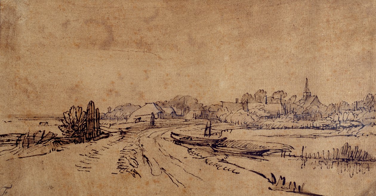 Udsigt over Sloten, ca. 1650 (pen & blæk med brun vask på papir) af Rembrandt Harmensz. van Rijn