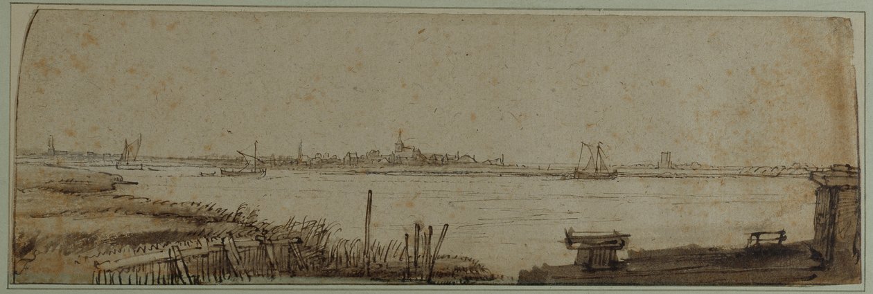 Udsigt over floden IJ fra Diemerdijk, ca. 1650 (pen og blæk med brun vask og hvid farve på papir) af Rembrandt Harmensz. van Rijn