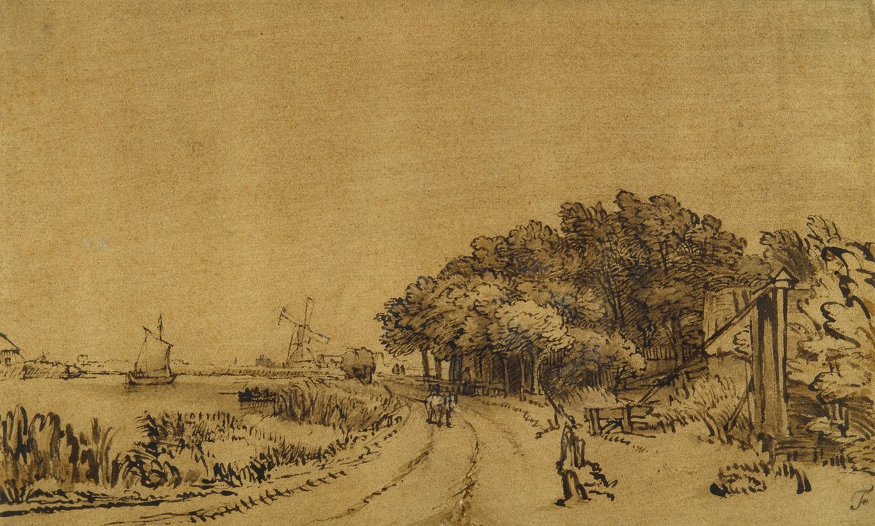 Udsigt over Amstel: vejen på Amsteldijk, der fører til Trompenburg, ca. 1649-50 (pen & blæk med brun vask & hvid kropsfarve på papir) af Rembrandt Harmensz. van Rijn